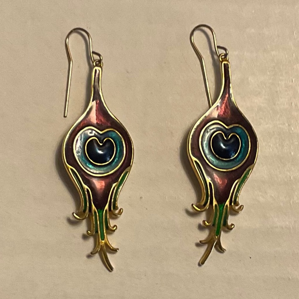MMA Cloisonné Earrings Parisian Peacock Feather Heart Design 14kt Gold Filled